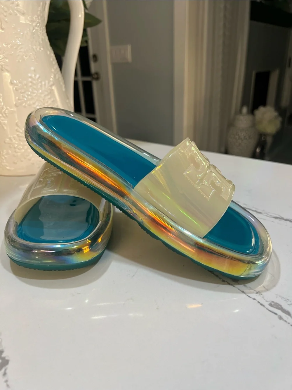 Tory Burch Green Teal Footbed Iridescent Slide Sandals size 7